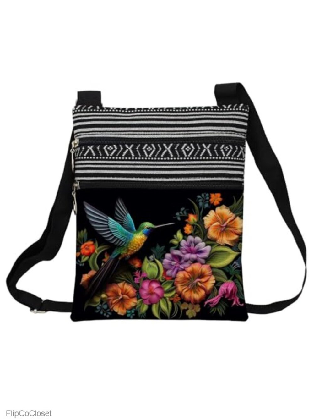 Floral Hummingbird Printed Polyester Crossbody Bag Adjustable Strap Zipper